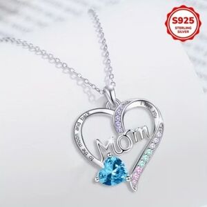 925 Sterling Silver Heart I Love U Mom Necklace with Blue and Multicolor Accents